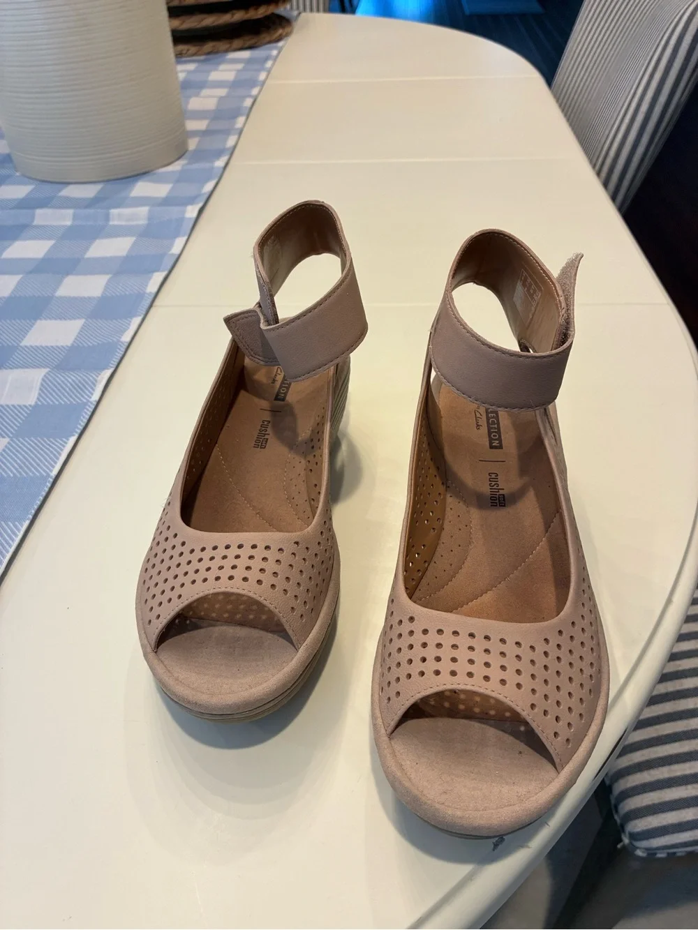 Clarks Taupe Perforated Ankle-Strap Wedge Sandal